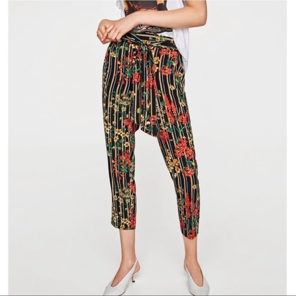 Zara Pants Trousers Striped and Floral Print Cropped Bow at Waist Sz XS - Picture 1 of 11